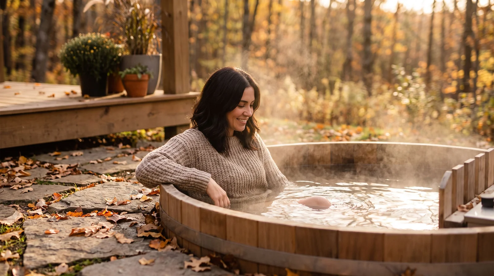 Vanjski jacuzzi s toplom vodom i parom u sumrak, okružen jesenskim vrtom